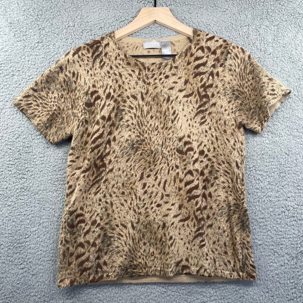 LIZ CLAIBORNE Knit Top Large Petite Animal Print Y2K Western Safari Vtg Sweater